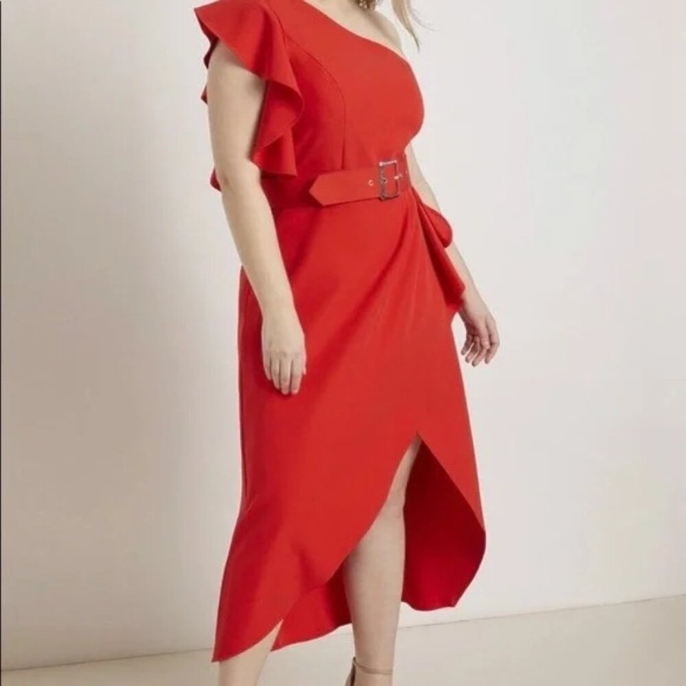 New with Flaw Eloquii Womens Red Asymmetrical Ruffle‎ Belted Dress Size 16